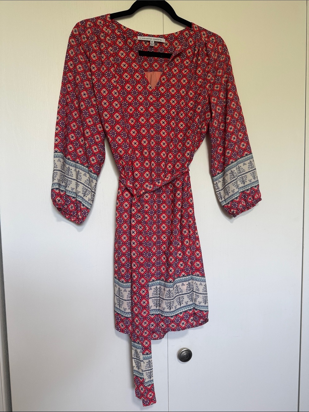 Collective Concepts Red Printed Long Sleeve Wrap Dress